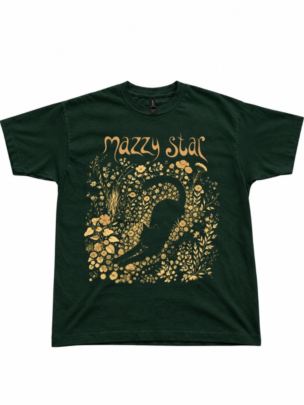 Gildan Forest Green Mazzy Star Graphic Tee, Vintage Boho Floral Cat Graphic
